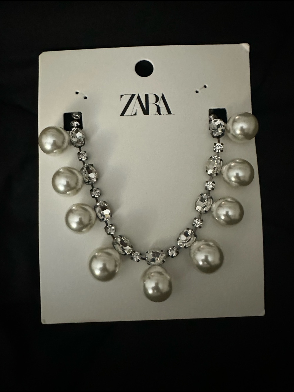 ZARA Silver Pearl Drop & Crystal Chain Necklace